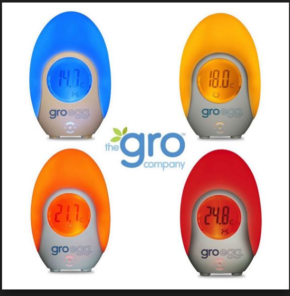 Gro Egg Room Thermometer - Gro-egg, the colour changing digital room thermometer, is another clever innovation from the people who brought you grobag® baby sleeping bags. The patented gro-egg glows yellow if the room temperature is within the recommended guidelines (16-20°C). If the room is outside this range the colour changes and can be used as a guide for parents or carers to take action to cool or heat the room, or to adjust the baby’s bedding or clothing.  No other thermometer in the world gives parents such a simple colour warning system, coupled with a fully visible digital readout of their children’s room temperature.