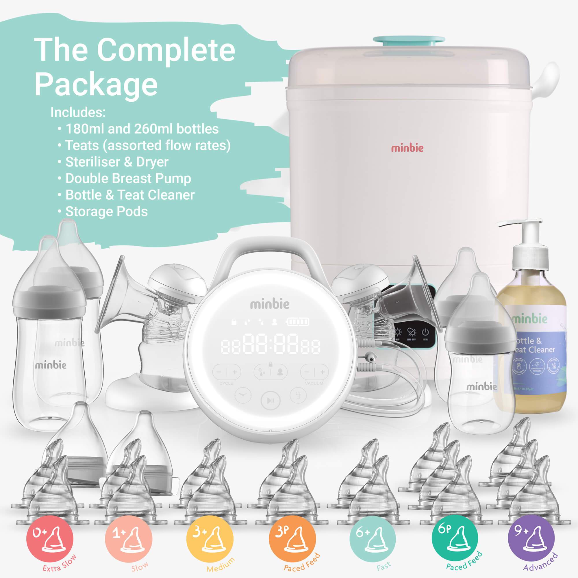 Minbie Complete Set (breastpump, steriliser & bottles)