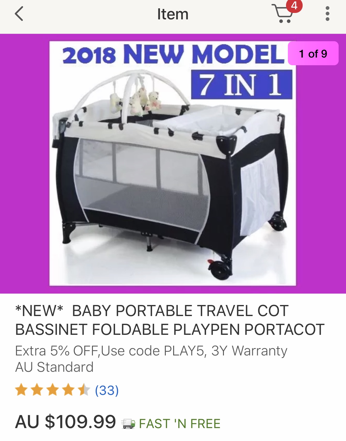 Baby portable travel cot bassinet foldable playpen portacot