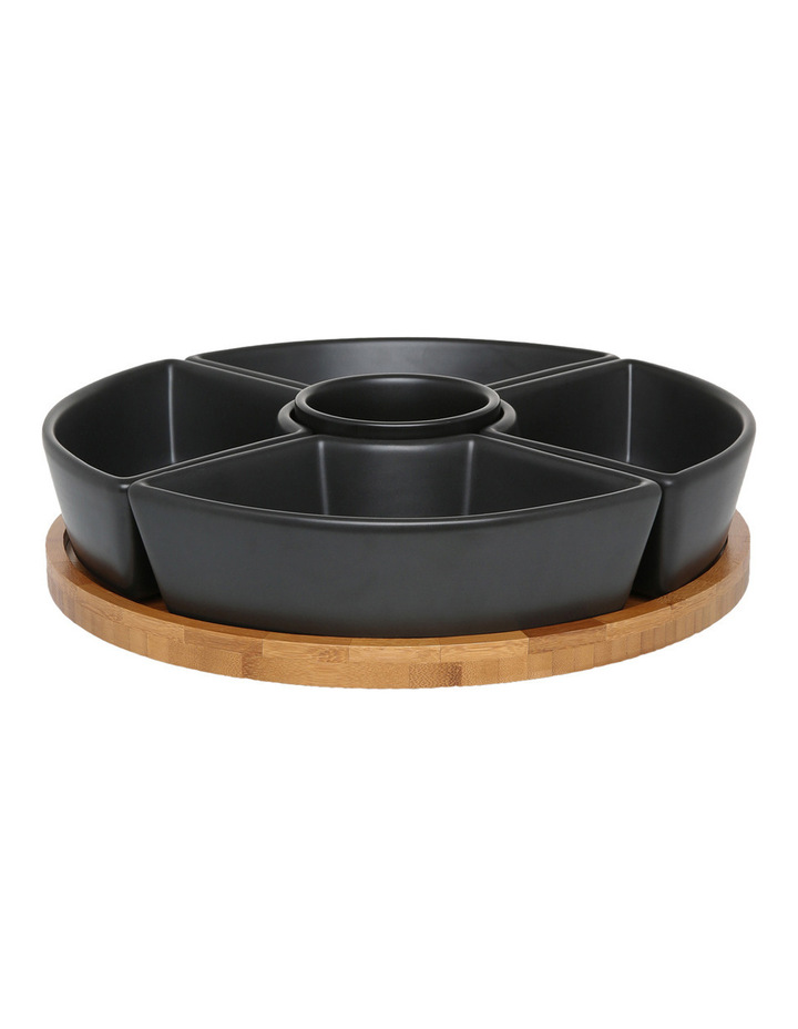 6 Piece Stoneware Chip & Dip Set with Rotating Bamboo Tray