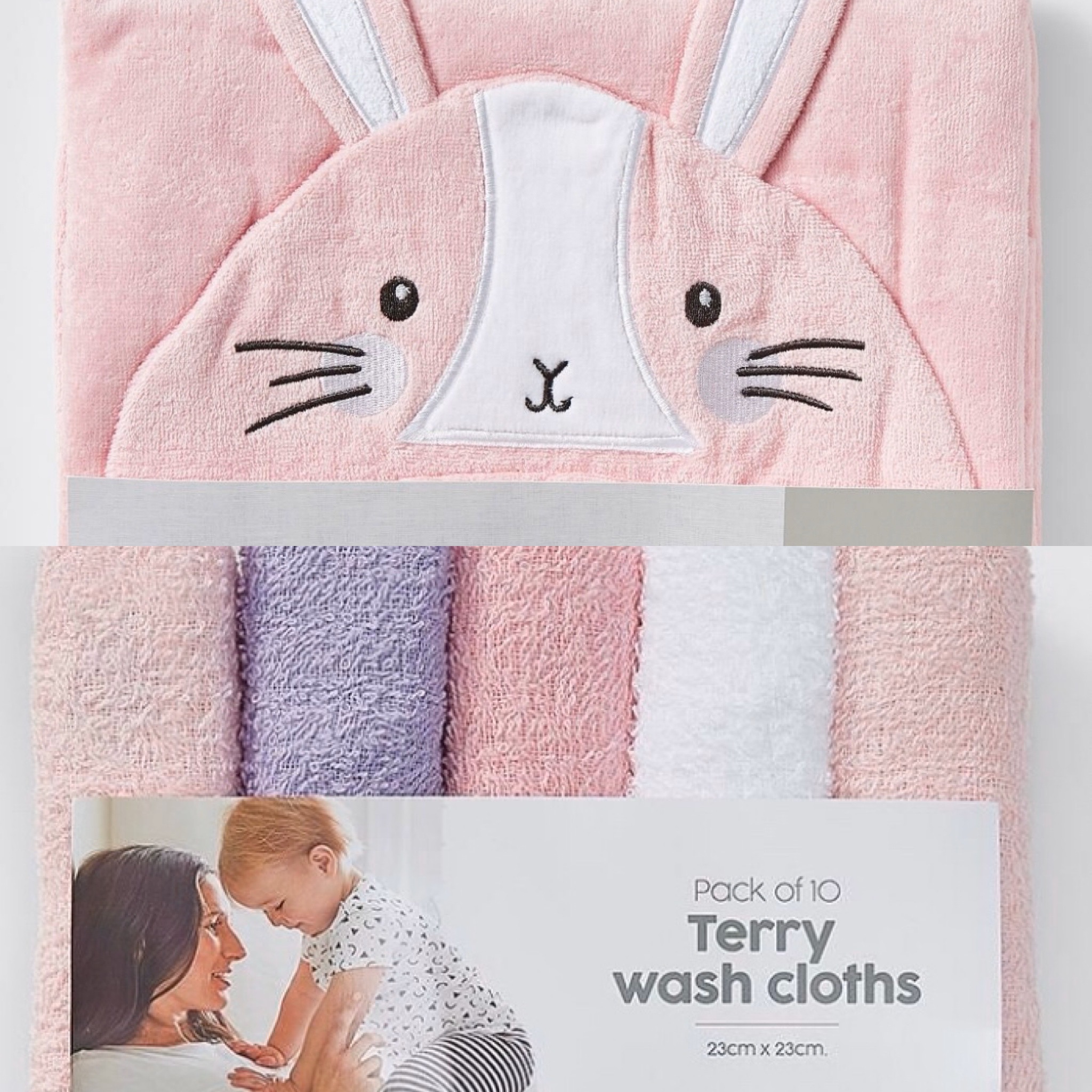 Hooded towels, baby face washers