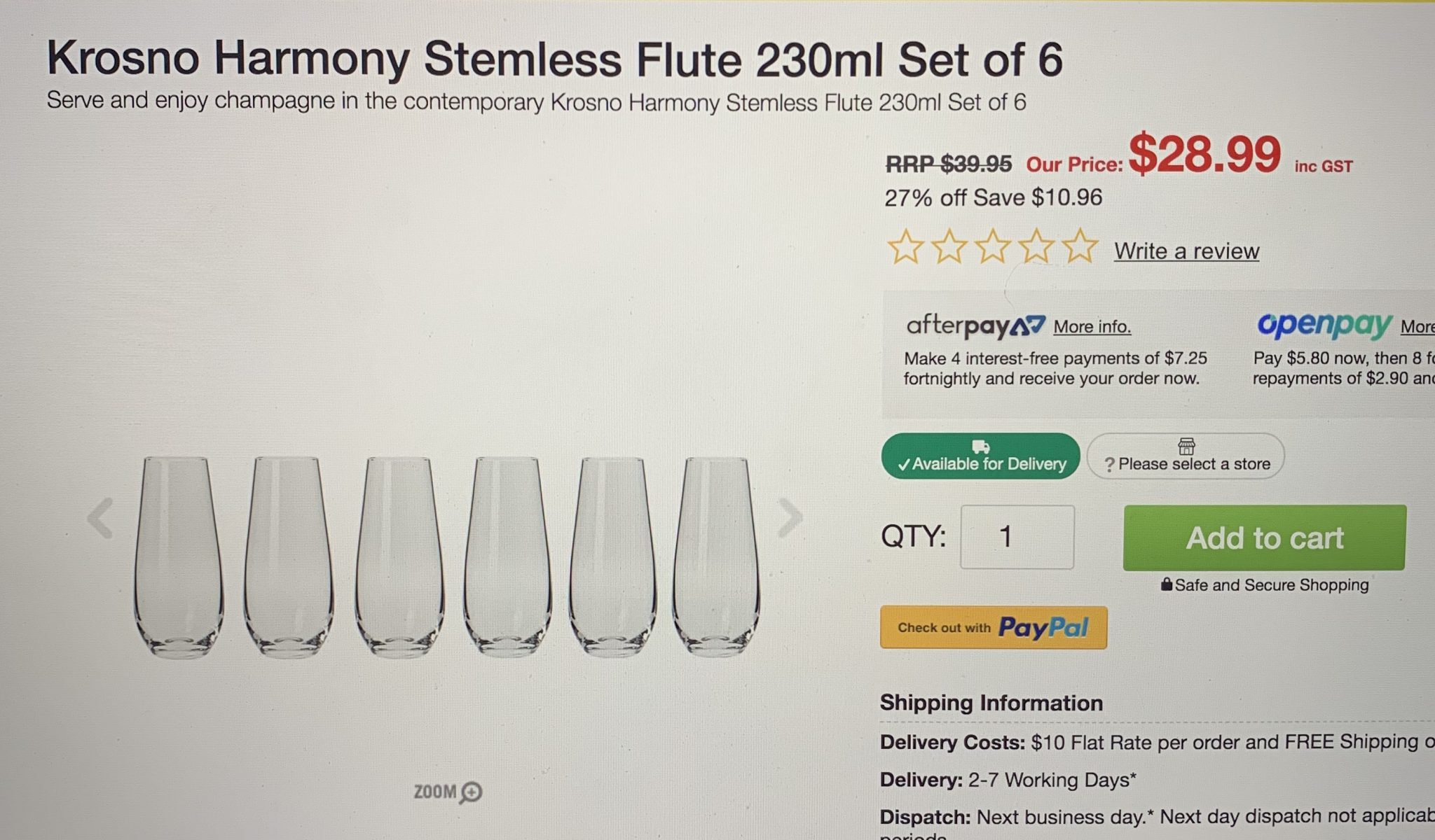 Krosno Harmony Stemless Flute 230ml Set of 6