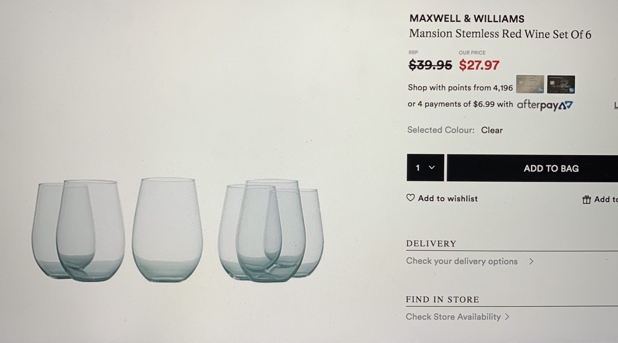 Maxwell & Williams Mansion Stemless Red Wine Set of 6