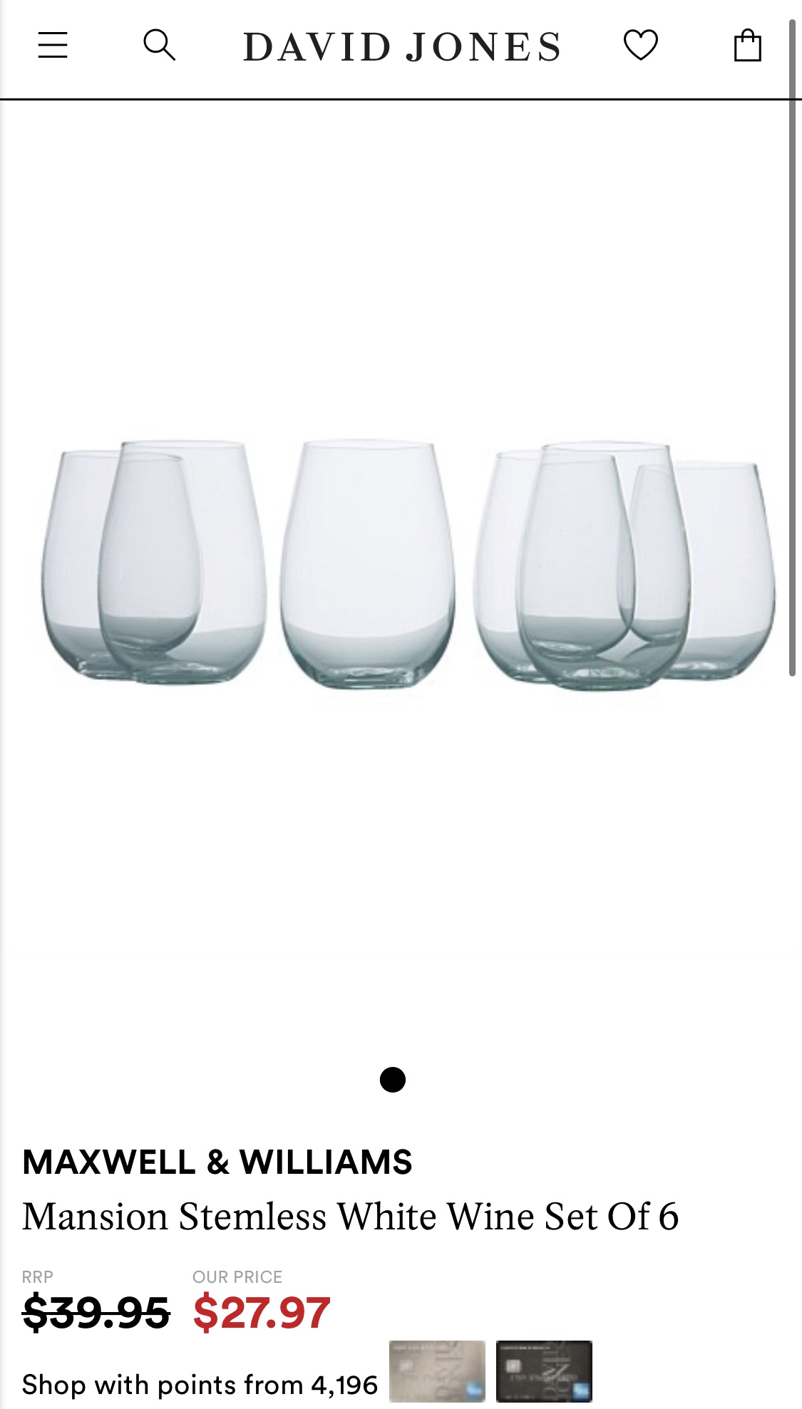 Maxwell & Williams Mansion Stemless White Wine Glass Set of 6