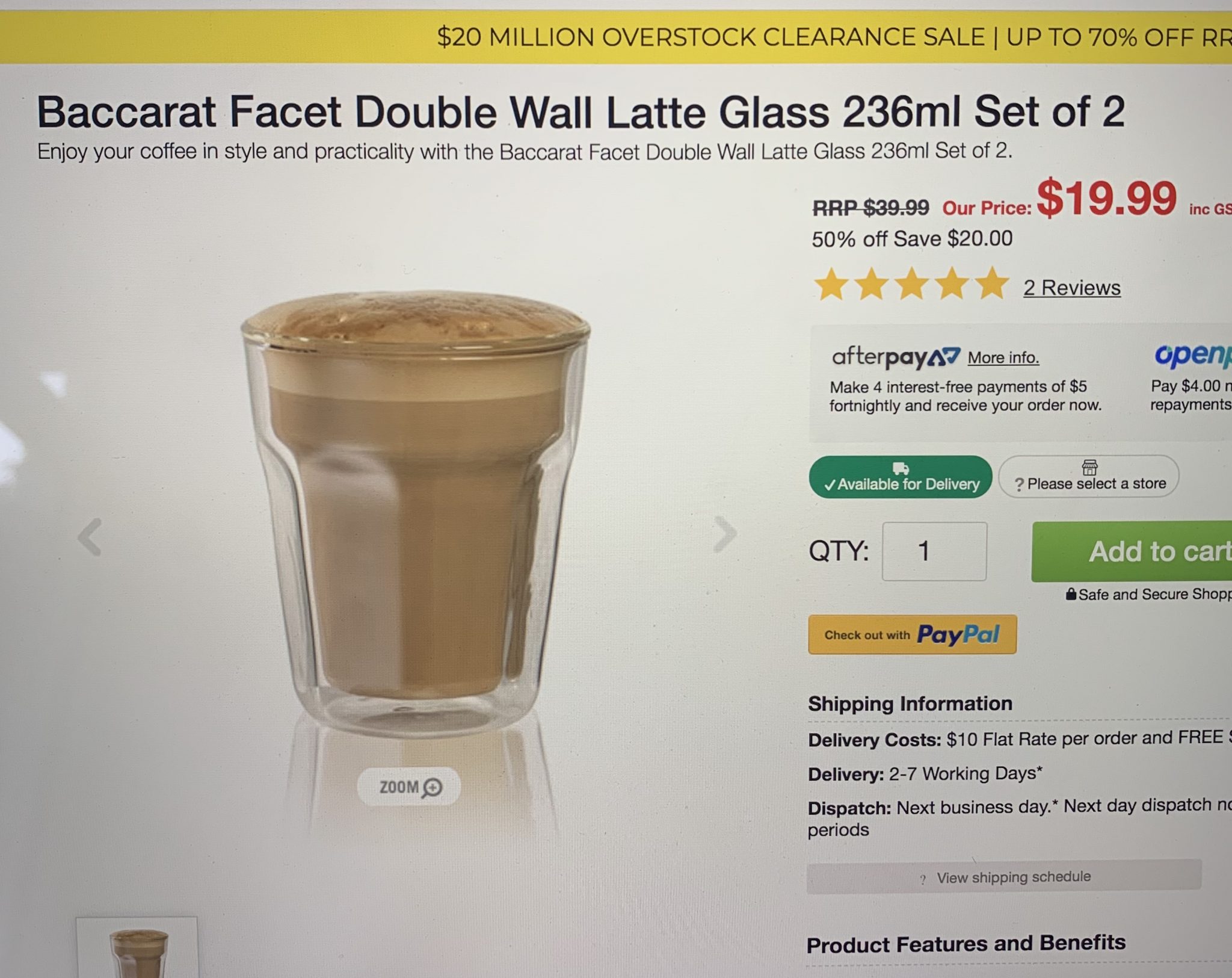 Baccarat Facet Double Wall Latte Glass 236ml set of 2