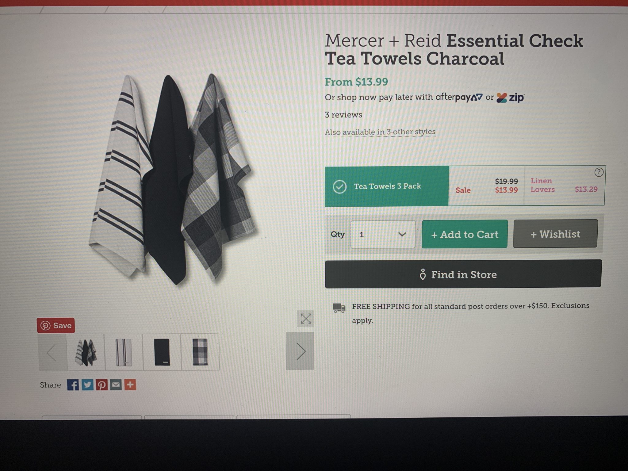 Mercer + Reid Essential Check Tea Towels Charcoal