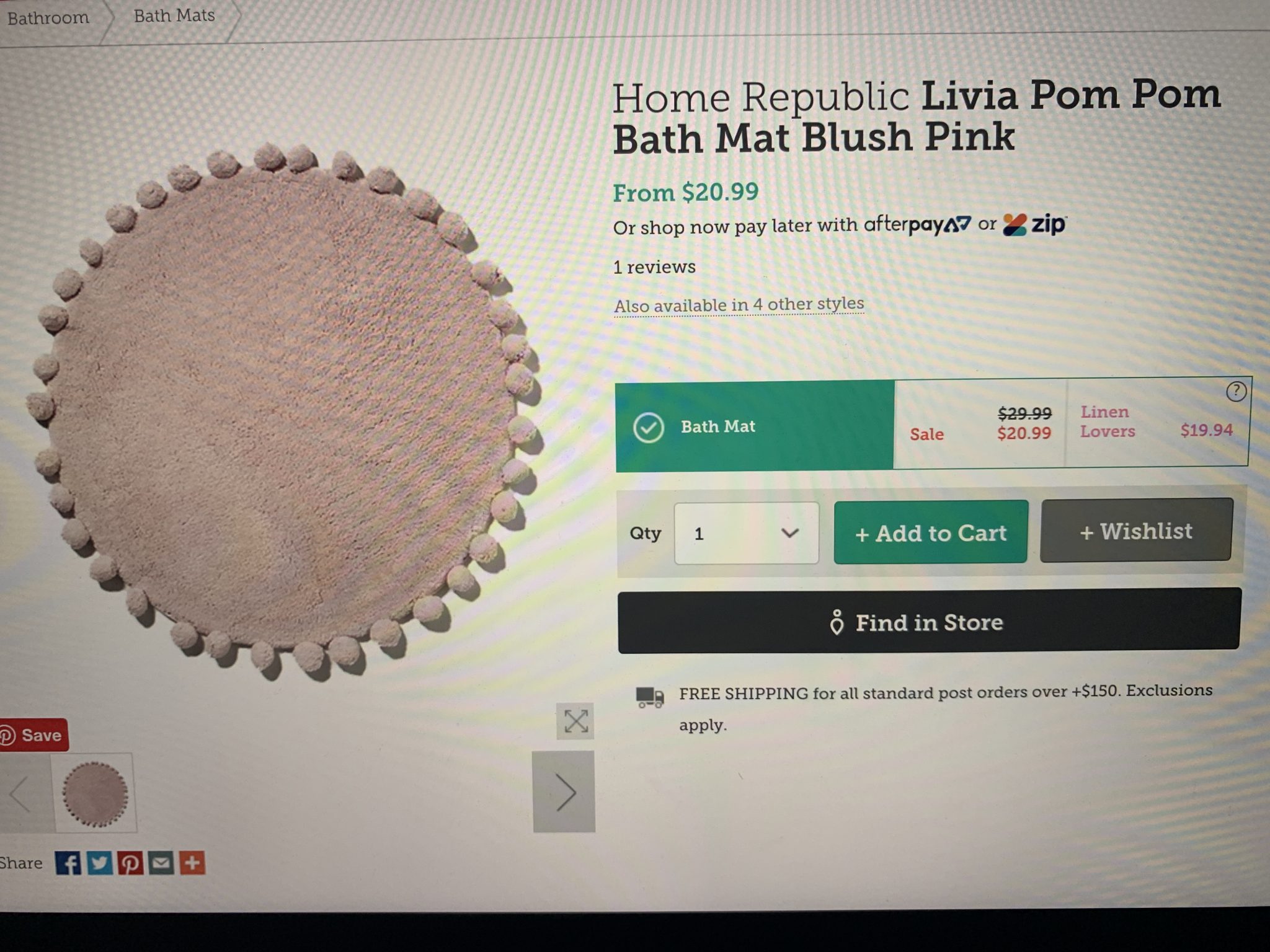 Home Republic Livia Pom Pom Bath Mat Blush Pink