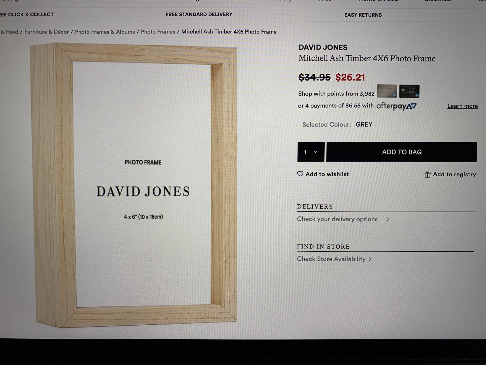 David Jones Mitchell Ash Timber 4 X 6 Photo Frame