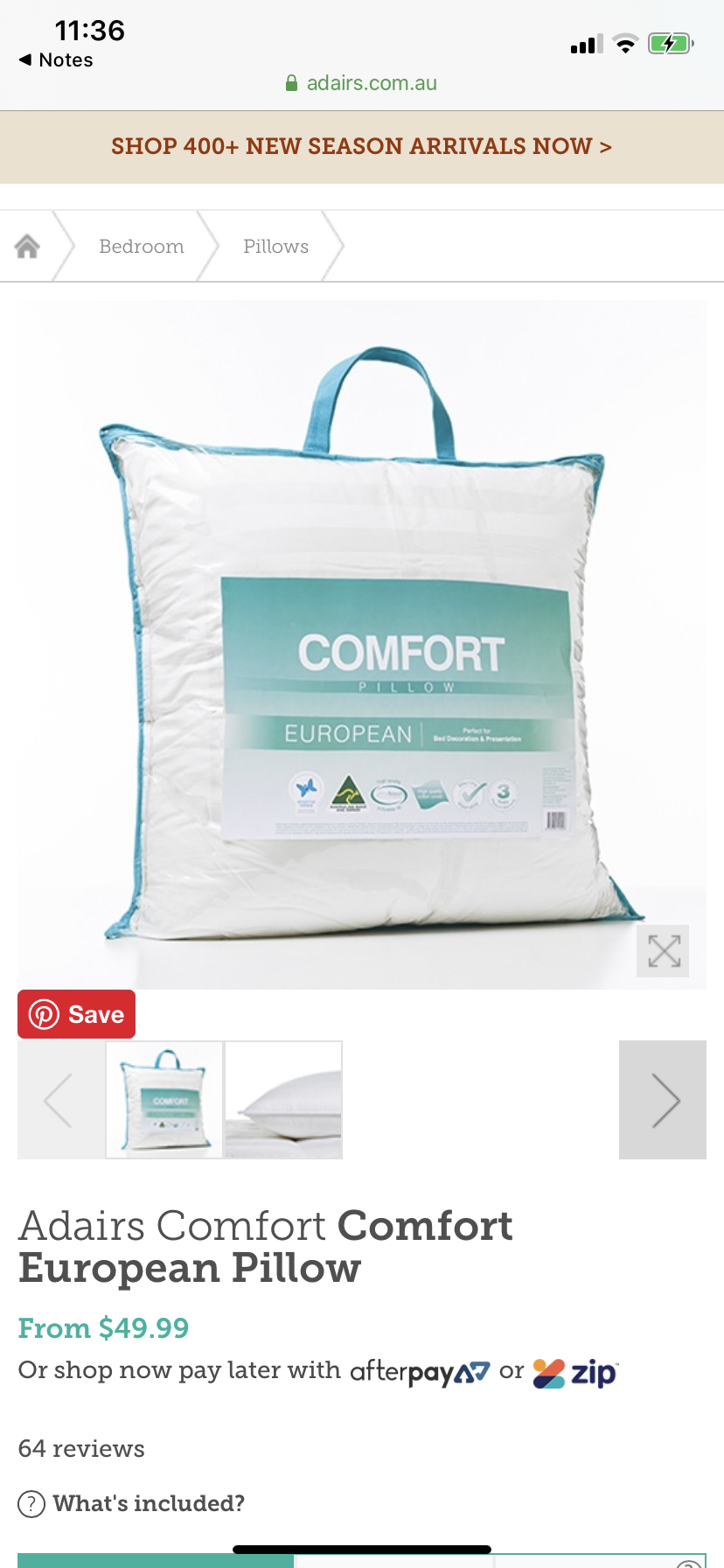 Adairs Comfort: Comfort European Pillow x2