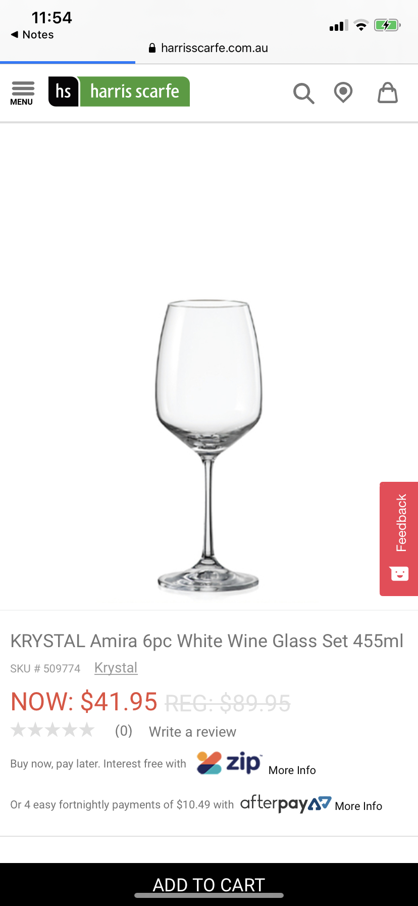 KRYSTAL Amira 6pc White Wine Glass Set 455ml