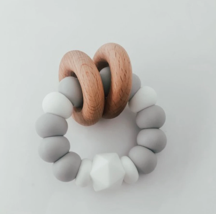 Mini Heritage Pretty Please Nora Silicone + Wood Rattle Teether $25