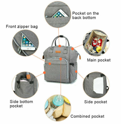 AU Waterproof Nappy Diaper Backpack Baby Mummy Changing Bag Pram Hanging Bag GREY