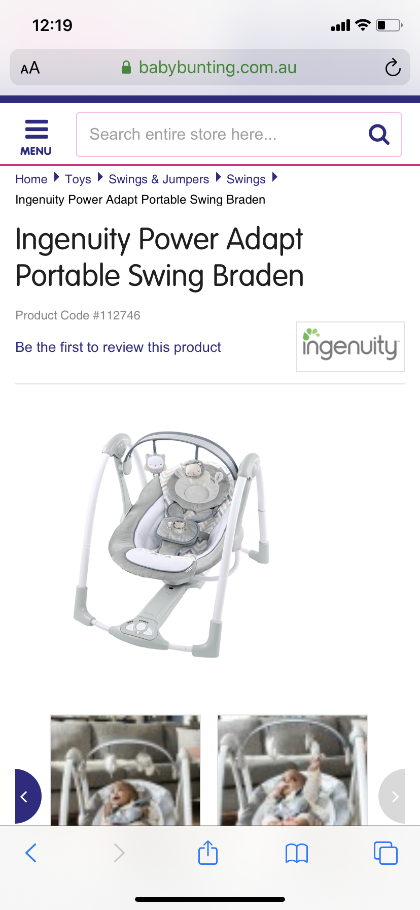 Ingenuity Power Adapt Portable Swing Braden -Baby Bunting