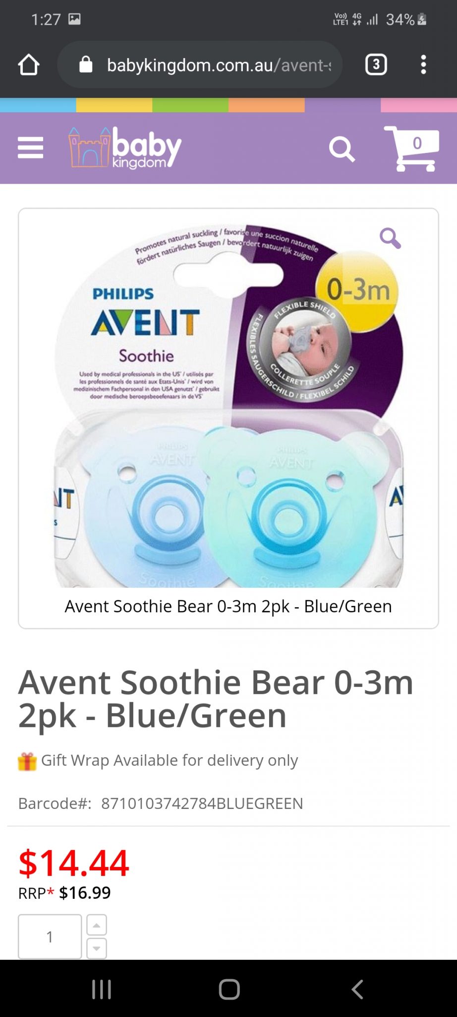 Avent soothie bear 0-3 months
