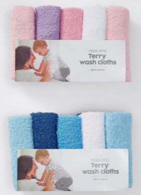 Baby 10 Pack Terry Wash Cloths - Assorted