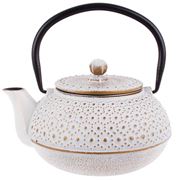 Teaology White/Gold Beaded Cast Iron Teapot