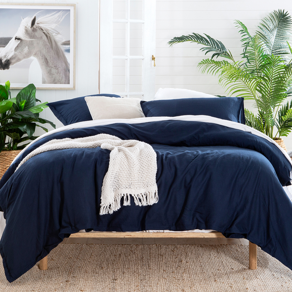 Washed Linen Look Navy Quilt Cover Set - King