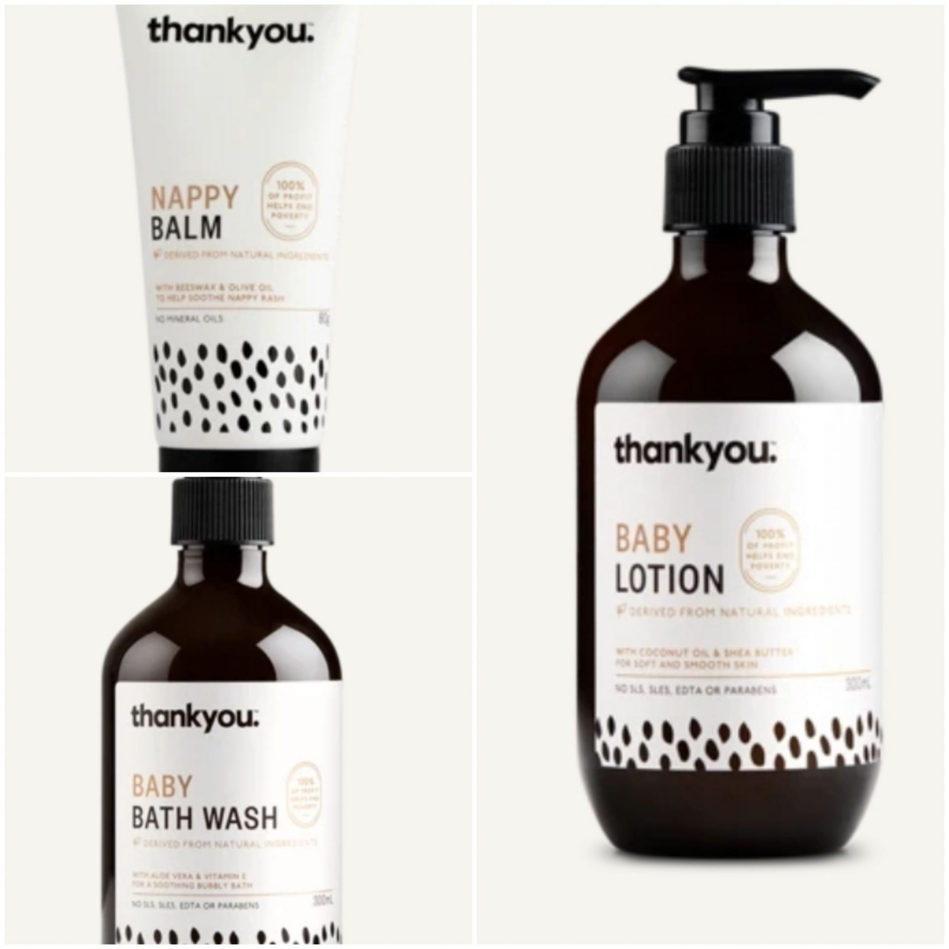 Thankyou brand bath wash, lotion and nappy balm.