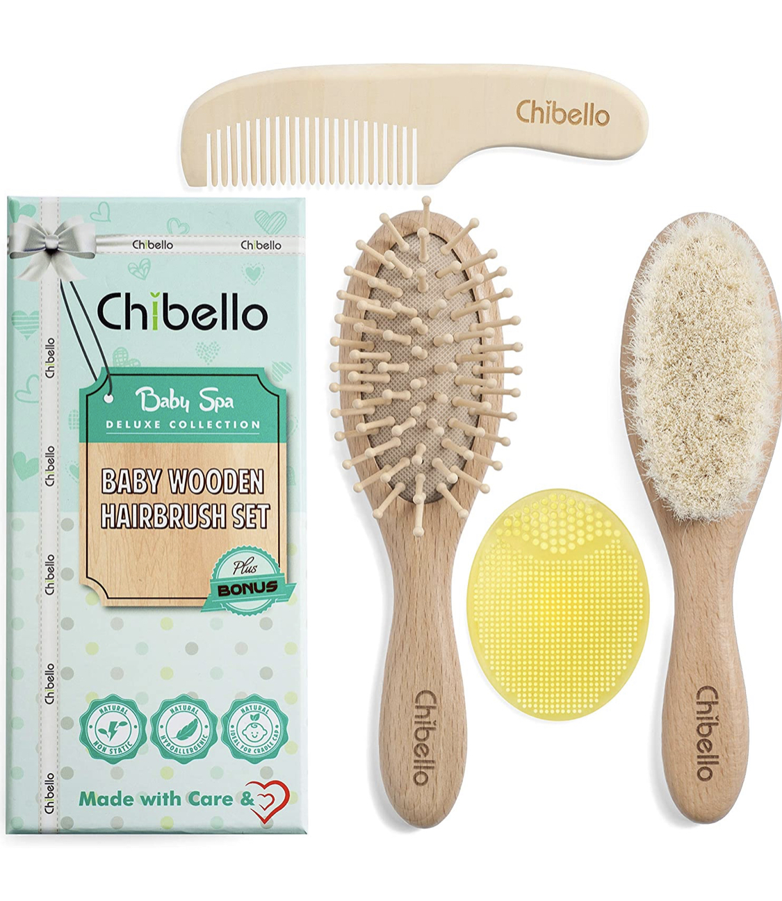 Chibello 4 Piece Wooden Baby Hair Brush and Comb Set
