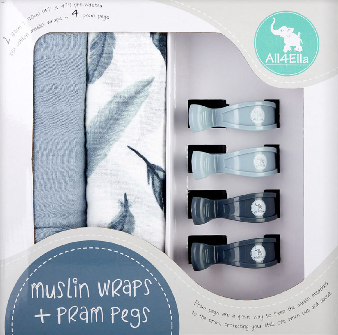All4Ella Muslin Wraps & Pram Pegs Gift Set - Blue
