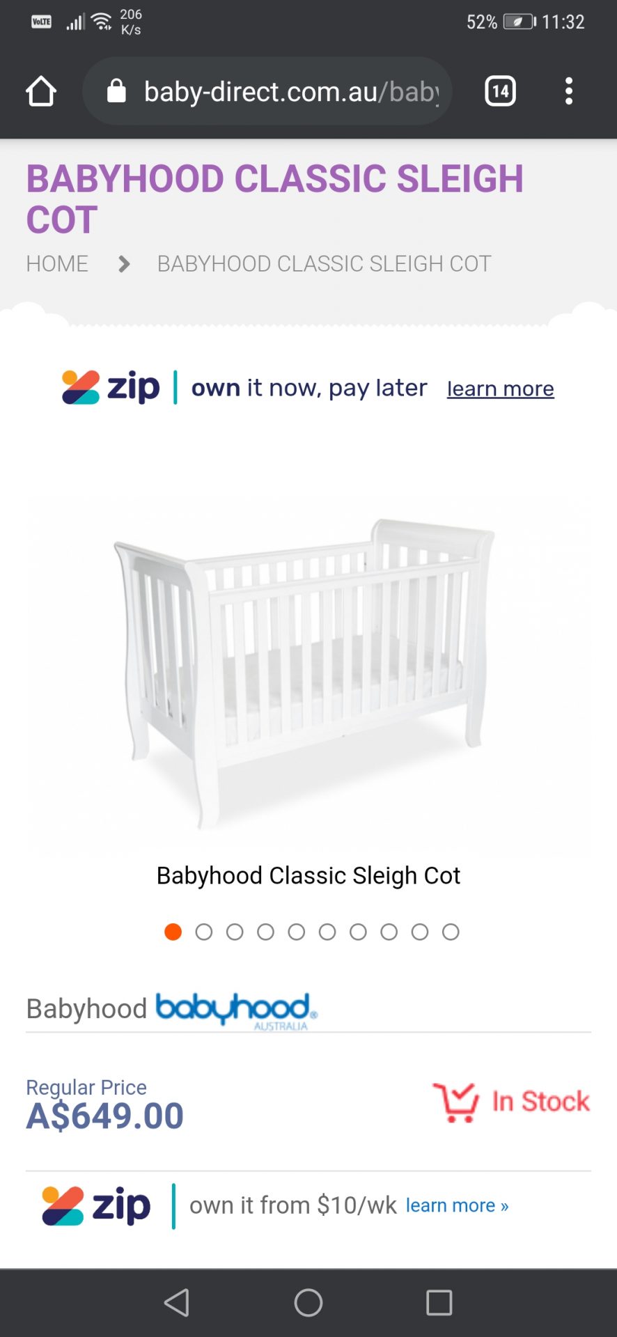Babyhoot sleigh cot in white