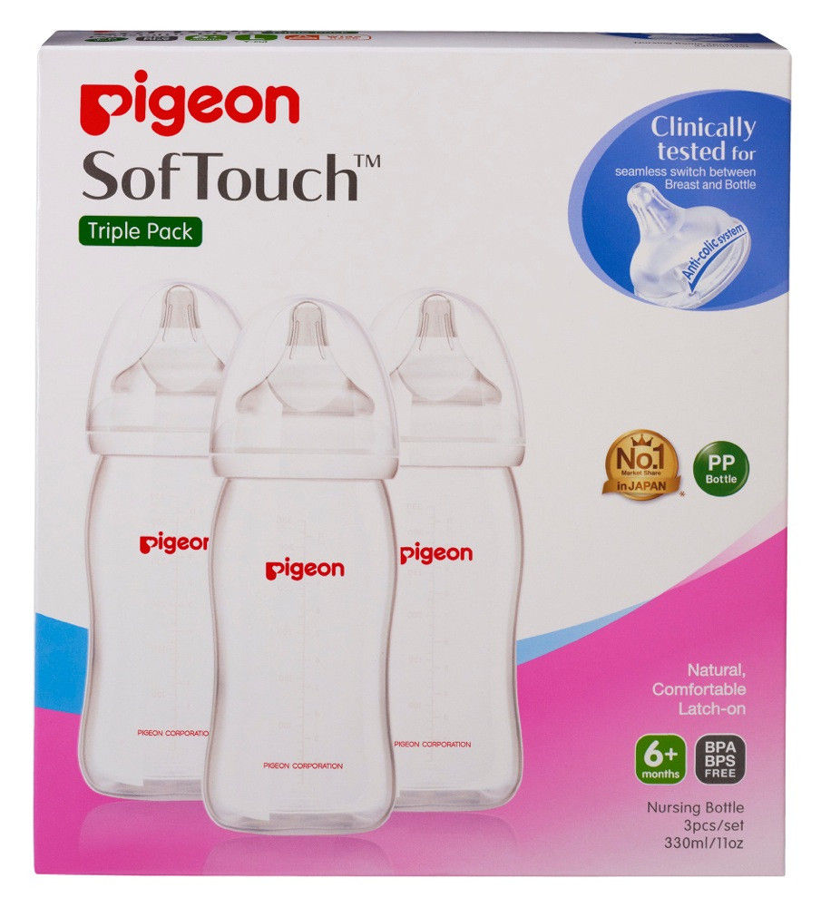 Pigeon Wide Neck PP Bottle with SofTouch Peristaltic Plus Teat - 330ml - 3 Pack