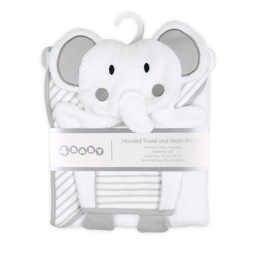 4Baby Hooded Towel & Wash Mitt Grey Elephant