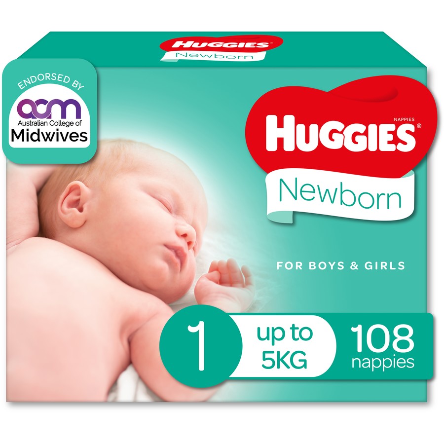 Huggies Newborn Nappies Size 1 (up to 5kg) 108 Pack (Jumbo)