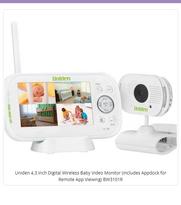 Uniden 4.3 inch Digital Wireless Baby Video Monitor (Includes Appdock for Remote Ap Viewing) BW3101R