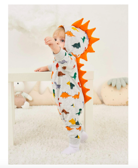 aby Unisex Dinosaur Print 3D Spikes Hooded Jumpsuit