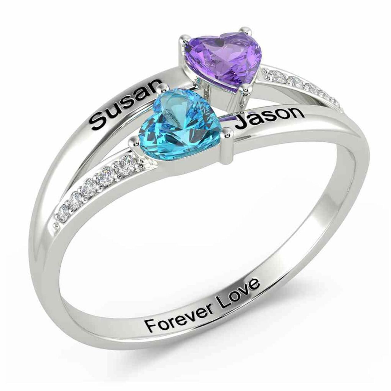 Personalized 925 Sterling Silver Two Hearts Birthstone Ring
