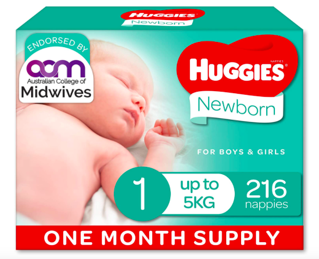Huggies Newborn Nappies Size 1 (up to 5kg) 1 Month Supply 216 Count