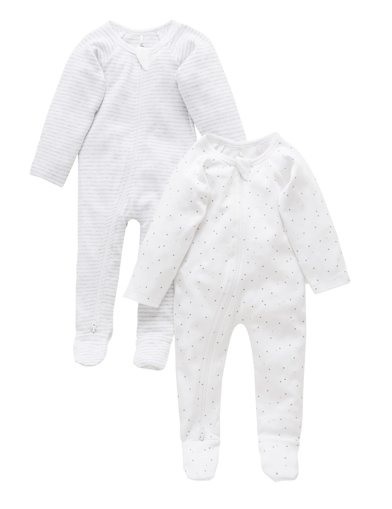 Purebaby - Pale Grey 2 Pack Zip Growsuit