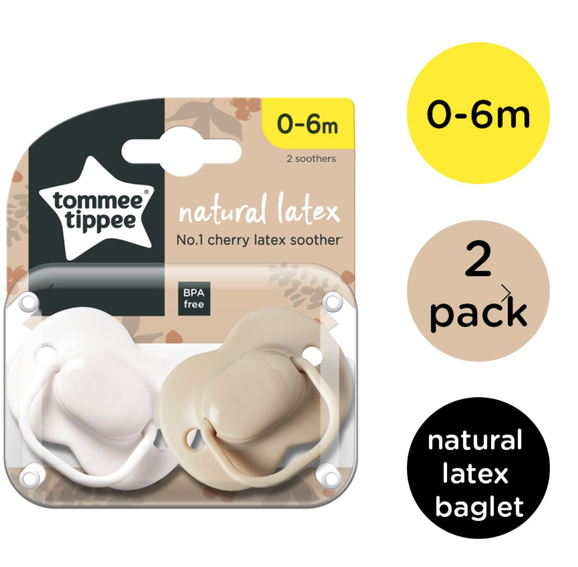 Tommee Tippee Natural Latex Cherry Soothers 0-6m White and Beige 2 Pack