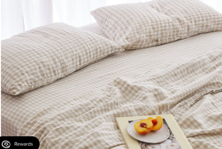 'I love Linen' Bed Sheets in Beige Gingham- QUEEN