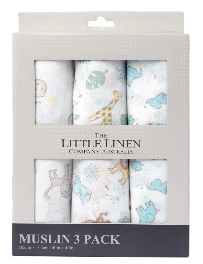 Safari Bear Print Muslin Wrap Blue 3 Pack