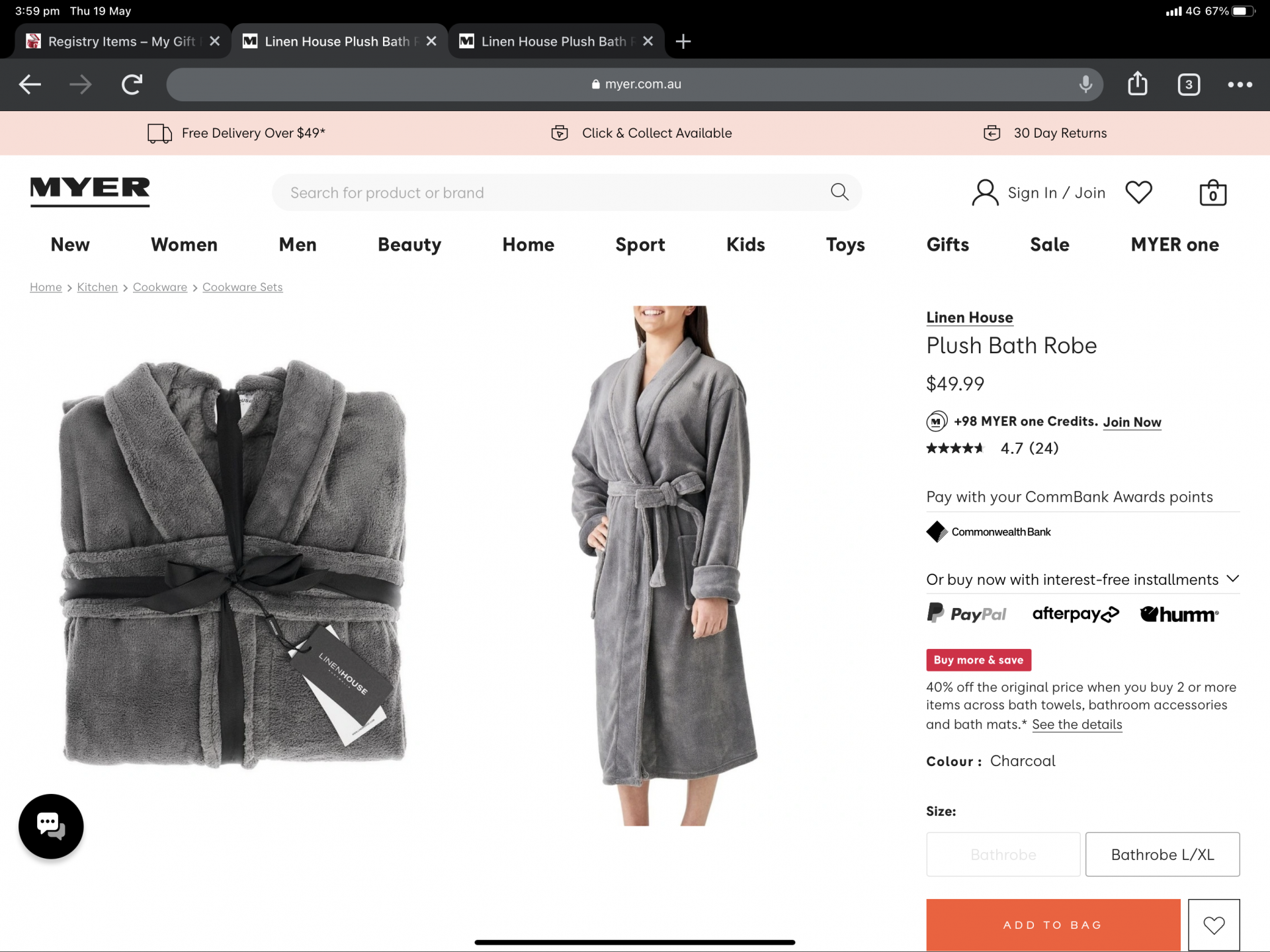 Plush bath robe grey - Myer