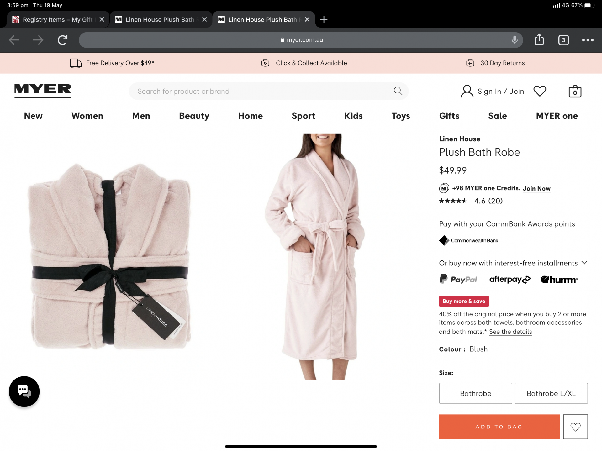 Plush bath robe pink - Myer