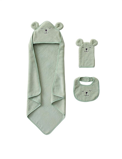 BABY'S BEAR HOODED TOWEL, MITT & BIB GIFT SET