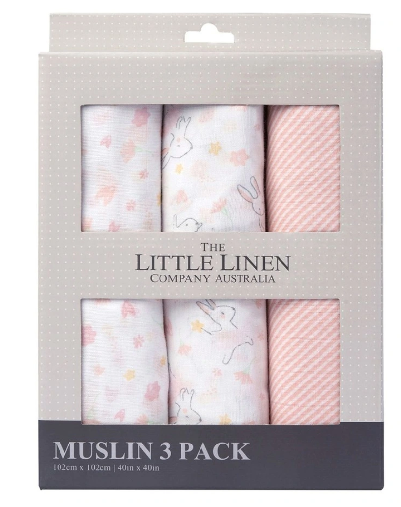 Ballerina Bunny Print Muslin Wrap Pink 3 Pack