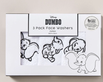 3 Pack Baby Disney Dumbo Face Washers