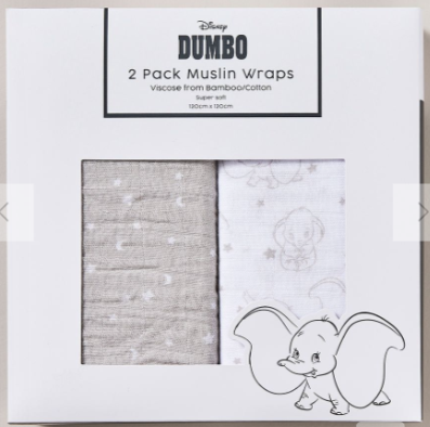 2 Pack Disney Dumbo Bamboo Muslin Wraps