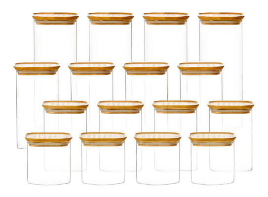 Kitchen Pro Eco Square Glass Canister with Bamboo Lid Set 16pc