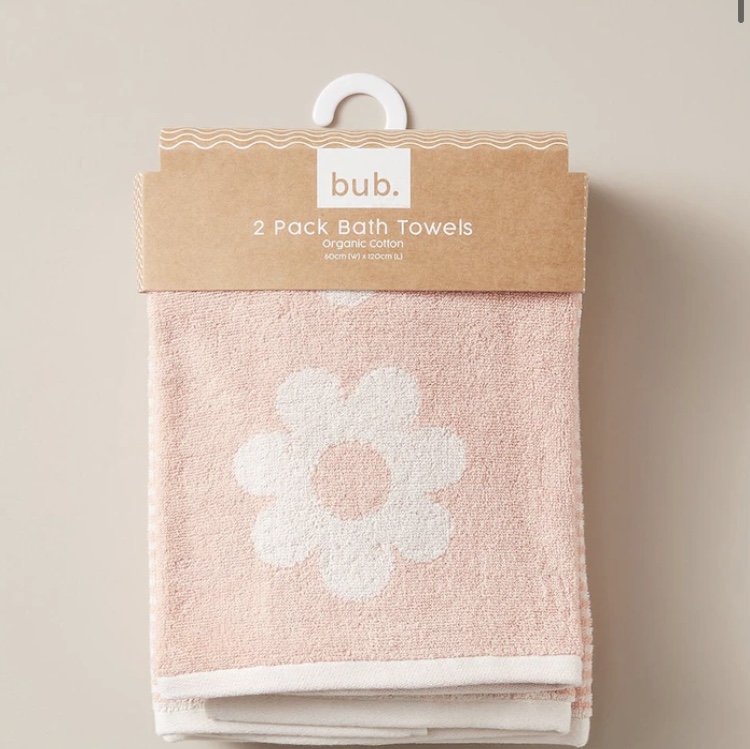 2 Pack bub. Organic Cotton Bath Towels - Flower Stripe