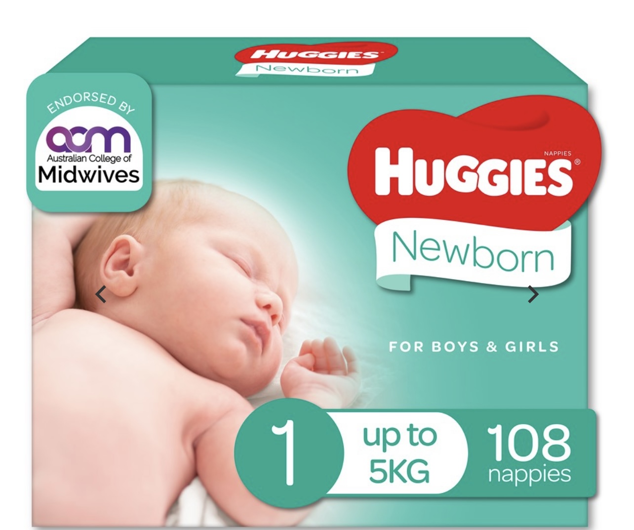 Huggies Newborn Nappies Size 1 (up to 5kg) 108 Pack