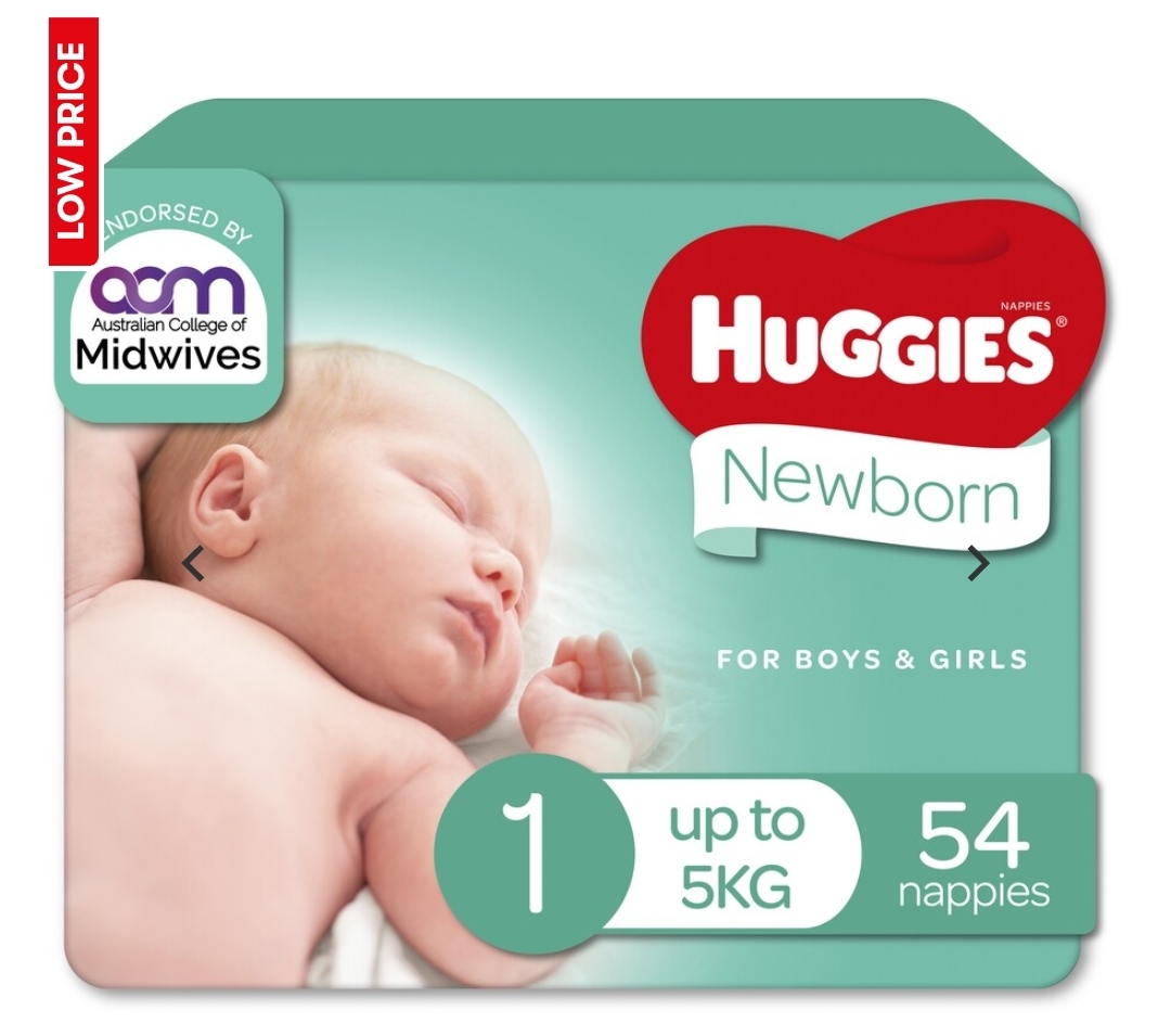 Huggies Newborn Nappies Size 1 (up to 5kg) 54 Pack