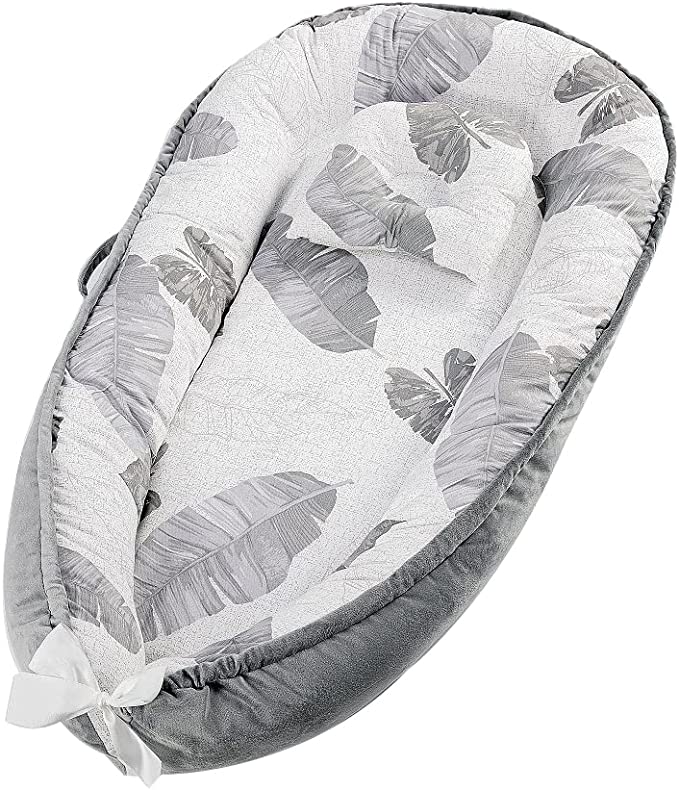 mamakiddies® Portable Baby Nest with Pillow Grey Leaf Pod Cot Bed Newborn Baby Lounger Sleeping