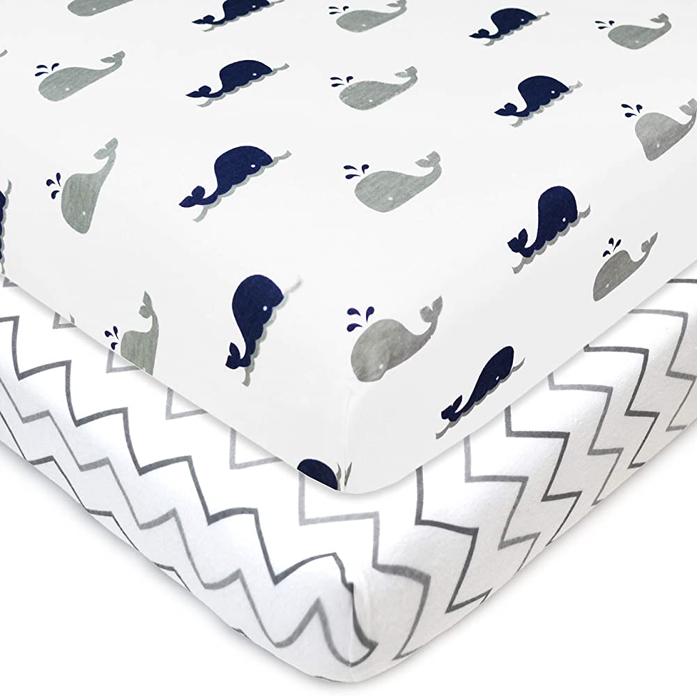 American Baby Company Printed 100% Natural Cotton Jersey Knit Fitted Portable/Mini-Crib Sheet, Navy Whale/Grey Zigzag, Soft Breathable, for Boys & Girls, Pack of 2