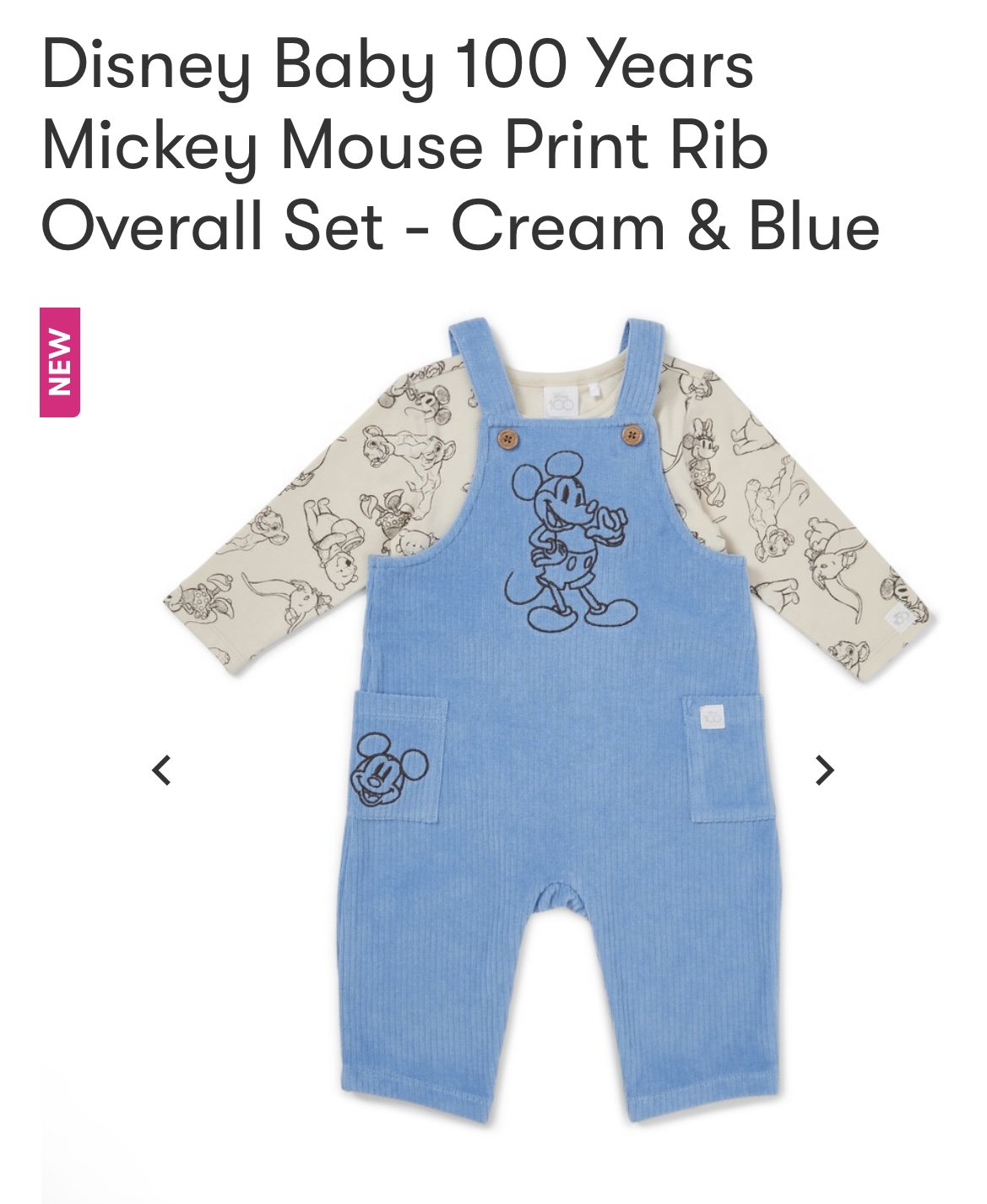 Disney Baby 100 Years Mickey Mouse Print Rib Overall Set - Cream & Blue