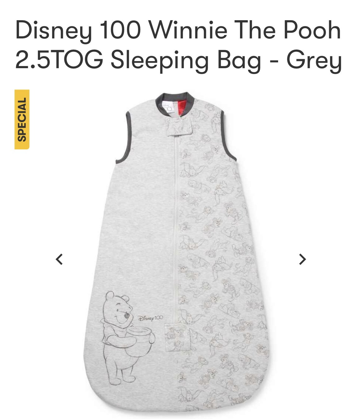 Disney 100 Winnie The Pooh 2.5TOG Sleeping Bag - Grey